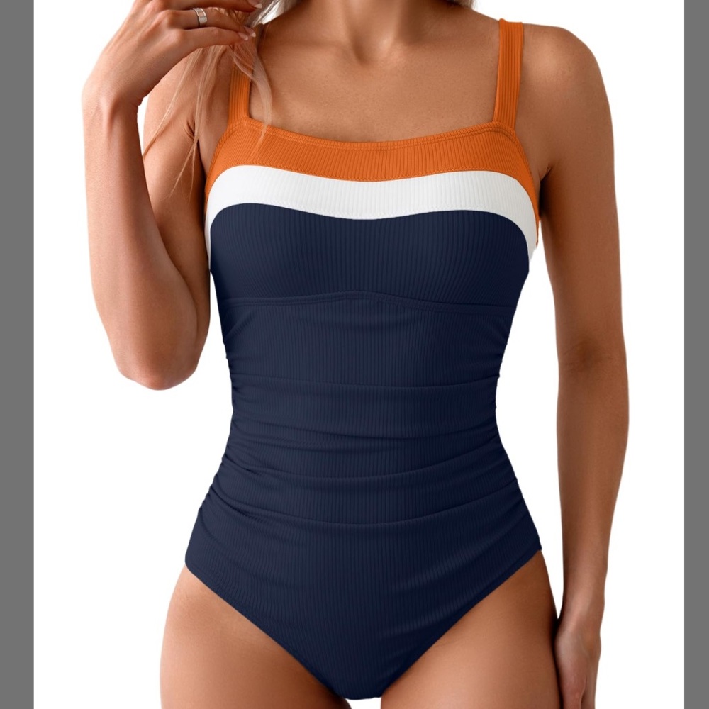 Women's Ribbed One Piece Swimsuits Color Block Tummy Control Bathing Suit